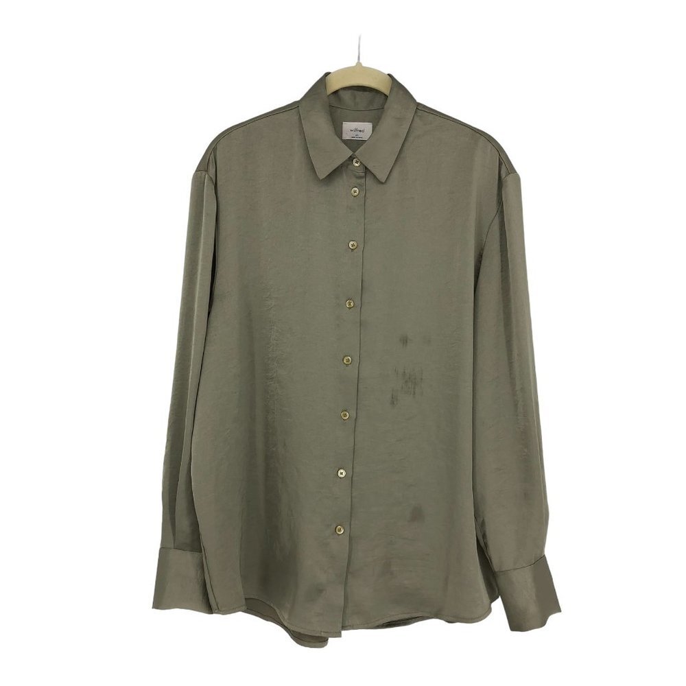 Aritzia Wilfred Louvre Satin Button-up Blouse Sage Green Size XS *flawed*